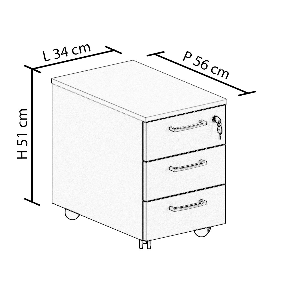 Cassettiera da ufficio con Rotelle, L 34 x P 56 x H 51 cm (Bianco) -  OneLiving® Arredamenti per ufficio